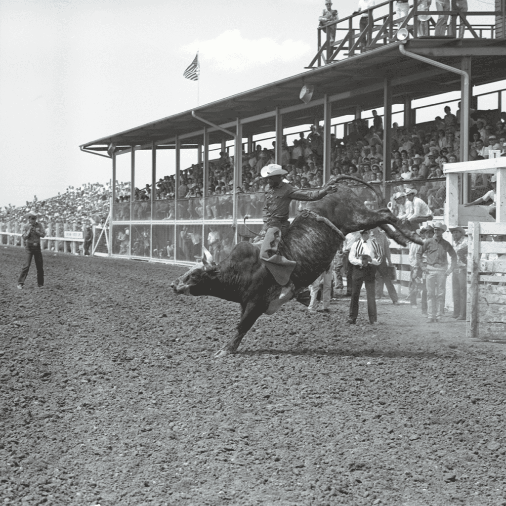 Myrtis Dightman is riding a bull in an outdoor arena. 