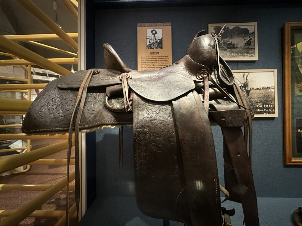 Bill Pickett's saddle in the American Rodeo Gallery at The Cowboy. 