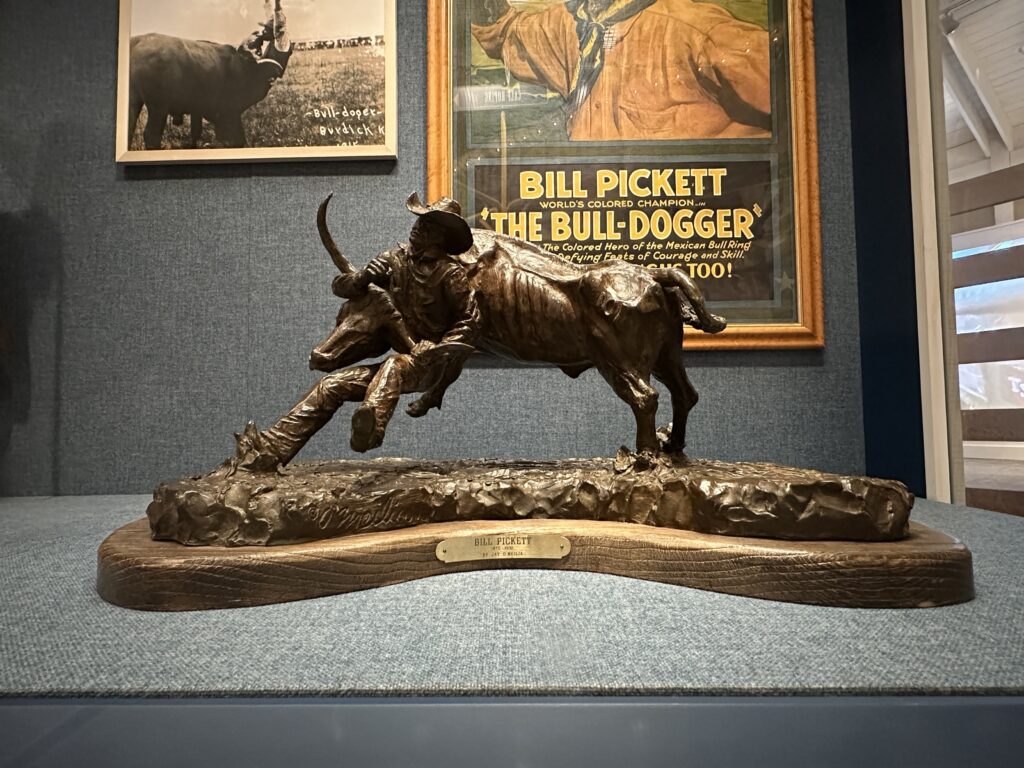 A sculpture of Bill Pickett in the American Rodeo Gallery at The Cowboy. 